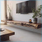Floating wood TV stand with wall-mounted cabinet doors and open media shelf