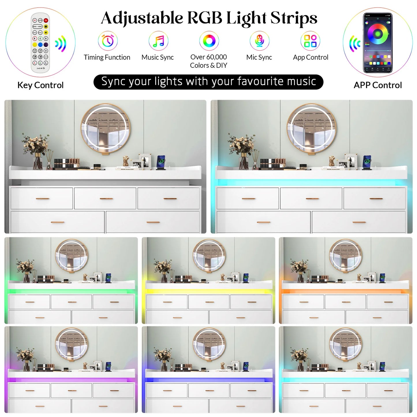 7 Drawer Dresser with LED Light and Charging Station, Modern Chest of Drawers for Closet, Wide Drawer Organizer Cabinet for Bedr