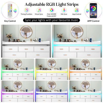 7 Drawer Dresser with LED Light and Charging Station, Modern Chest of Drawers for Closet, Wide Drawer Organizer Cabinet for Bedr