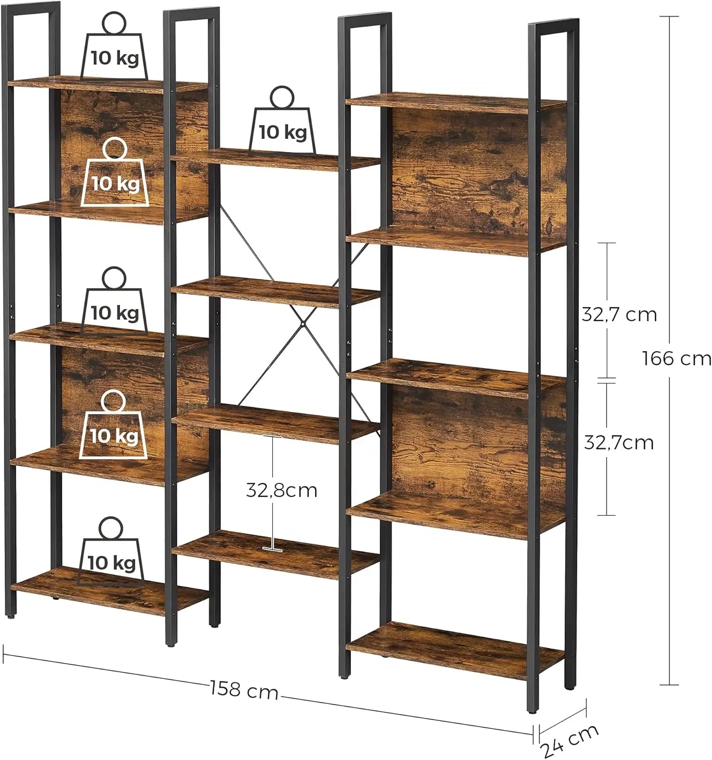 VASAGLE Bookshelf, 14 Shelves, Metal Rack for living room Study office Industrial Design