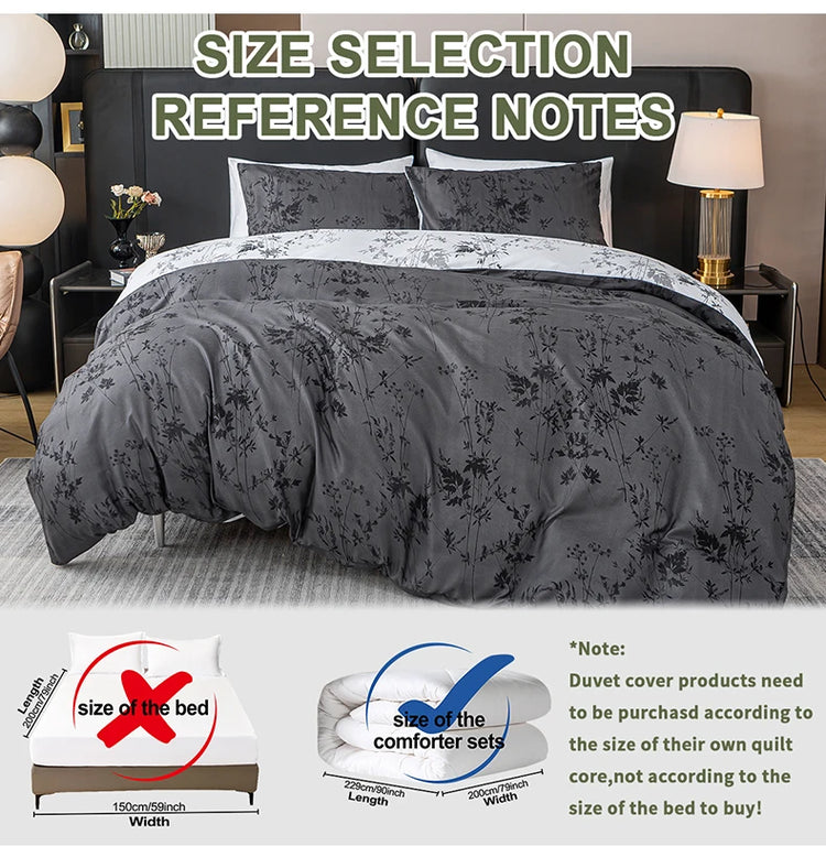 Black and White Plant Print Three-Piece Quilt Cover Set (1 Quilt Cover + 2 Pillowcases) Ultra-Soft Breathable Fabric, Skin-Friendly, Comfortable, Breathable, Machine Washable, Suitable for All Seasons, Elegant and Exquisite, Jonine&
