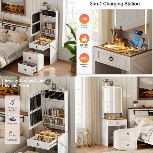 Illuminated Makeup Vanity Desk with Glass Surface and Charging Port