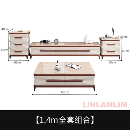 Marble &amp; Wood Living Room Furniture Set — Coffee Table, TV Stand &amp; Side Cabinets