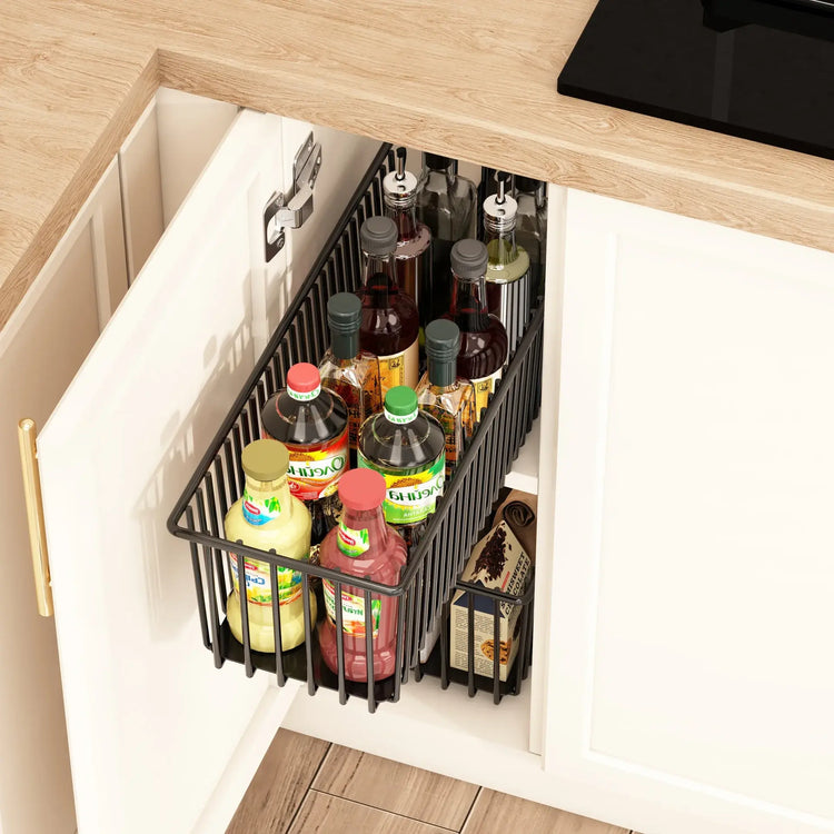 2Pcs Pull Out Cabinet Organizer Carbon Steel Slide Out Drawers Sliding Pantry Shelves For Kitchen Base Cabinet Organization Jonine&