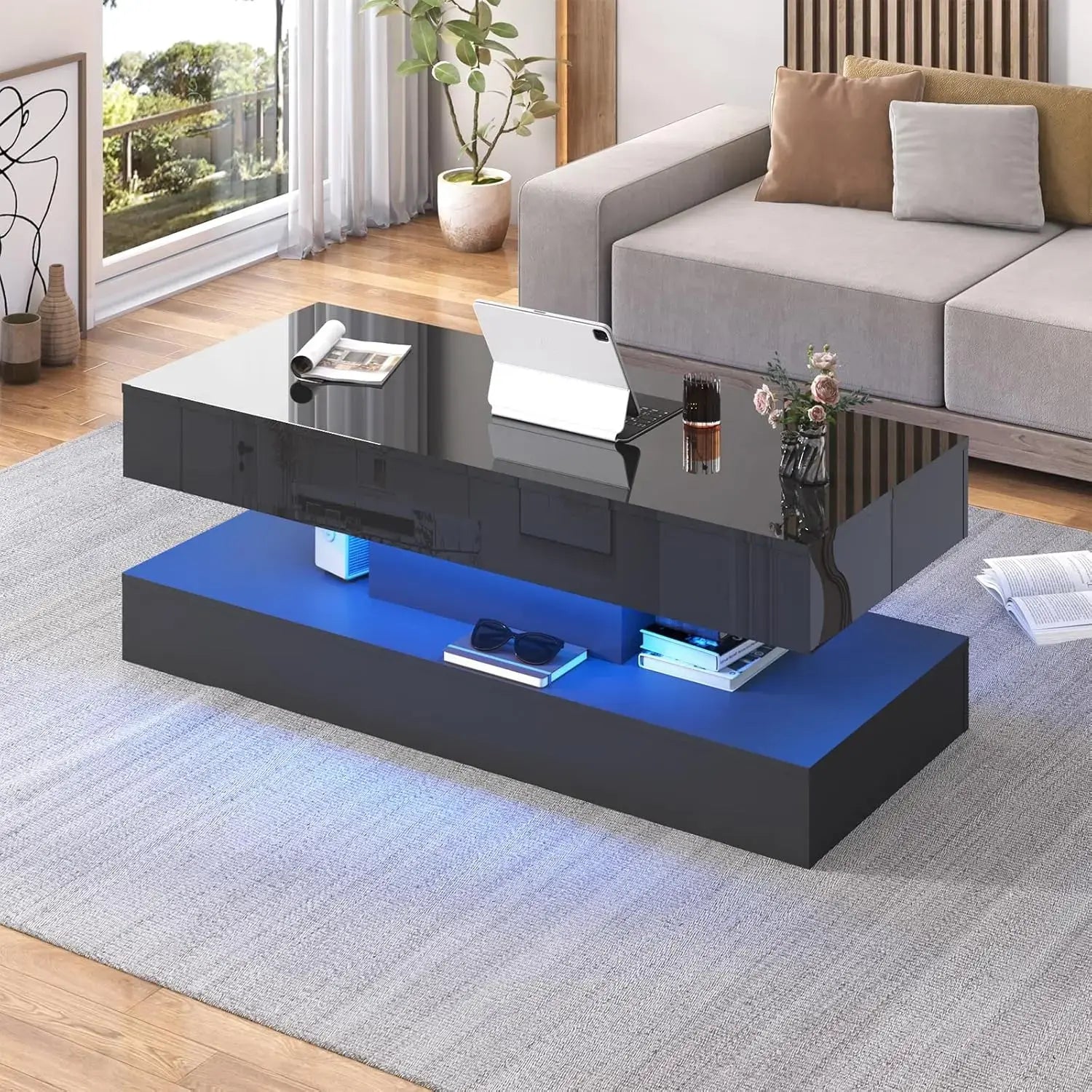 Modern Stylish Coffee Table with LED lights, Double-Layer Design for Living Room Coffee Table with 2 Storage Drawers Jonine&