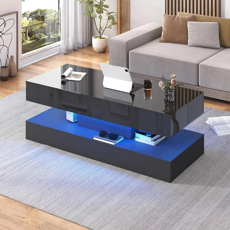 Modern Stylish Coffee Table with LED lights, Double-Layer Design for Living Room Coffee Table with 2 Storage Drawers Jonine&