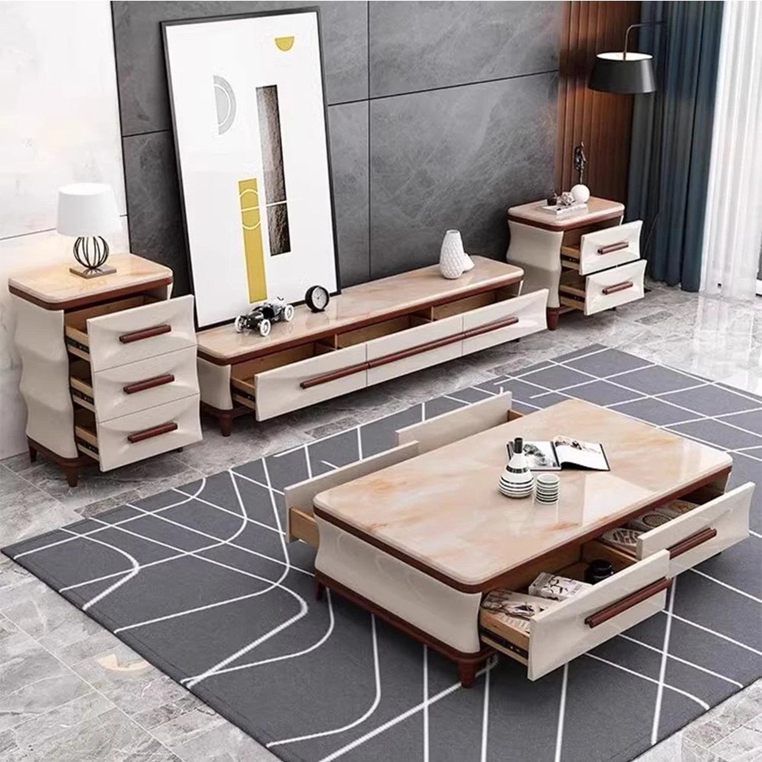 Marble &amp; Wood Living Room Furniture Set — Coffee Table, TV Stand &amp; Side Cabinets
