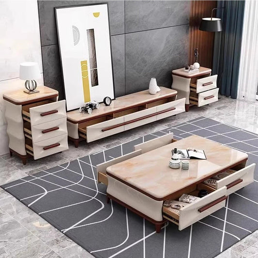 Marble & Wood Living Room Furniture Set — Coffee Table, TV Stand & Side Cabinets