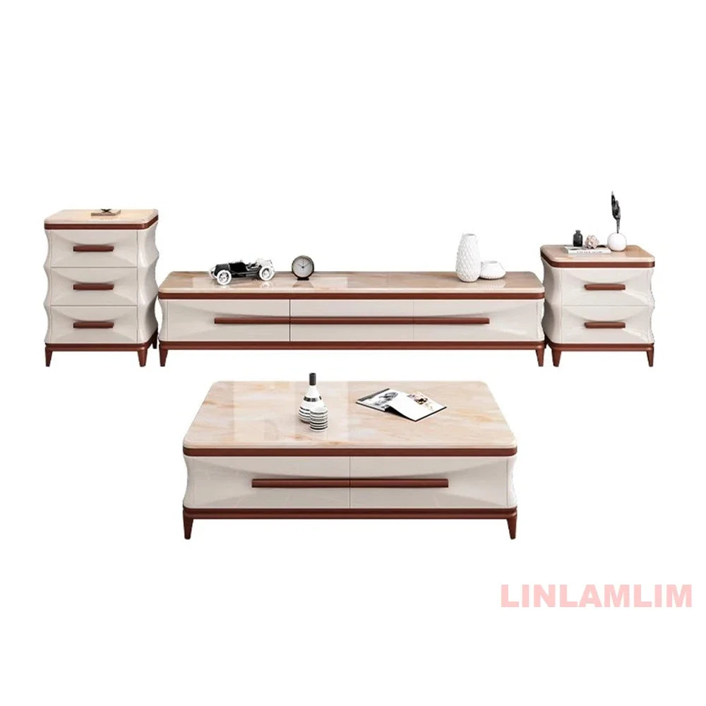 Marble & Wood Living Room Furniture Set — Coffee Table, TV Stand & Side Cabinets