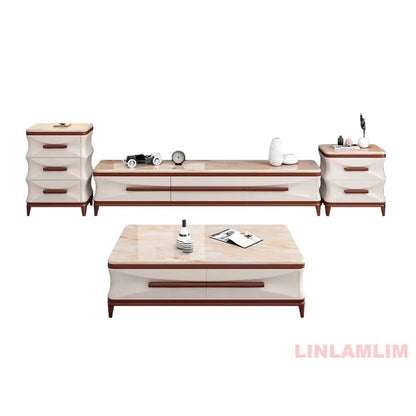Marble & Wood Living Room Furniture Set — Coffee Table, TV Stand & Side Cabinets