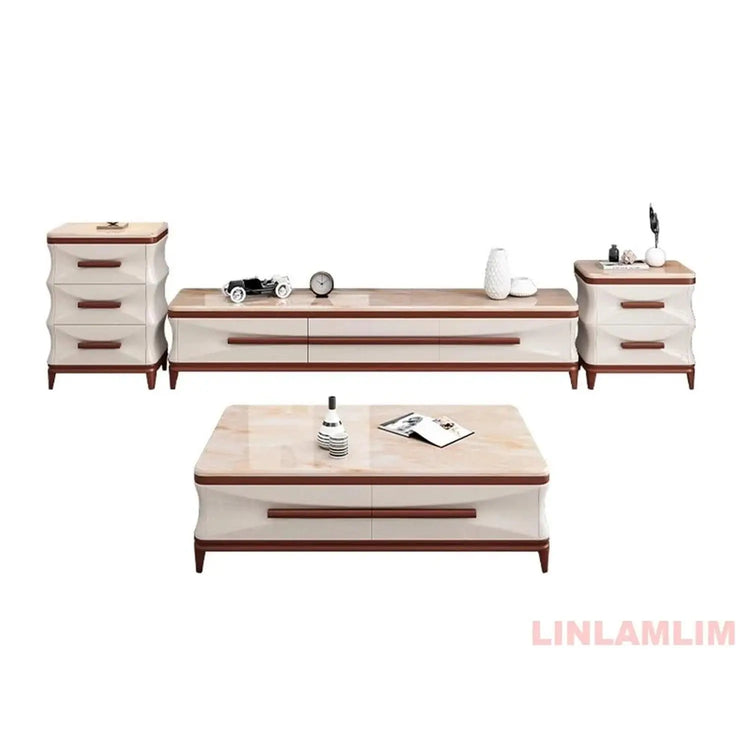 Marble & Wood Living Room Furniture Set — Coffee Table, TV Stand & Side Cabinets Jonine’s Corner