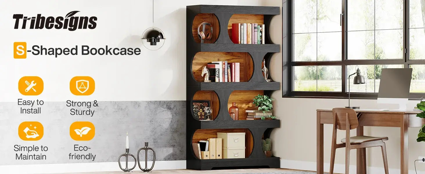 Curves That Work — Tribesigns 71" Tall S-Shaped Bookcase &amp; Display Shelving