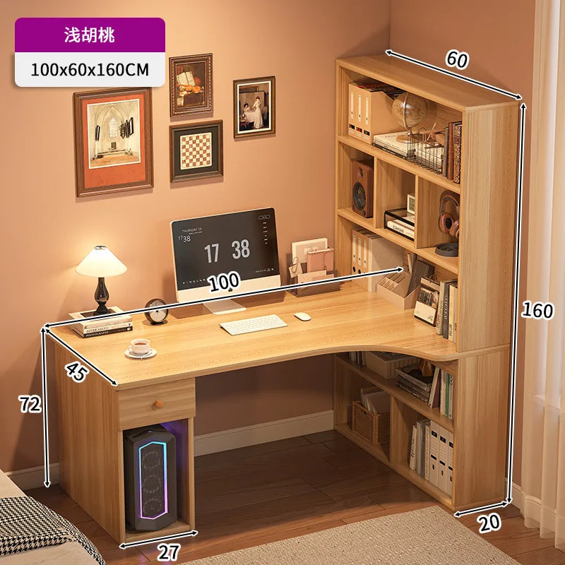 L-Shaped Corner Desk with Bookshelf — Dual Monitor & Home Office