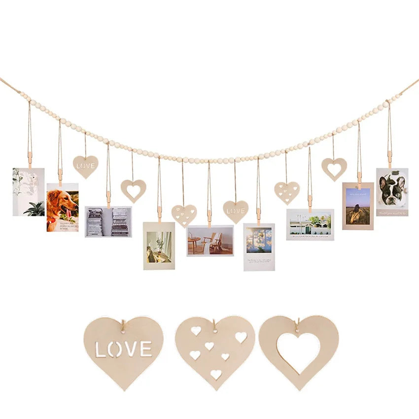 Boho Hanging Photo Display with Wooden Bead Garland — Wall Collage for Bedroom & Office