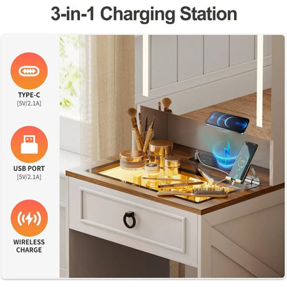 Your Ritual Deserves Better Light — Illuminated Makeup Vanity Desk with Glass Surface & Charging Port