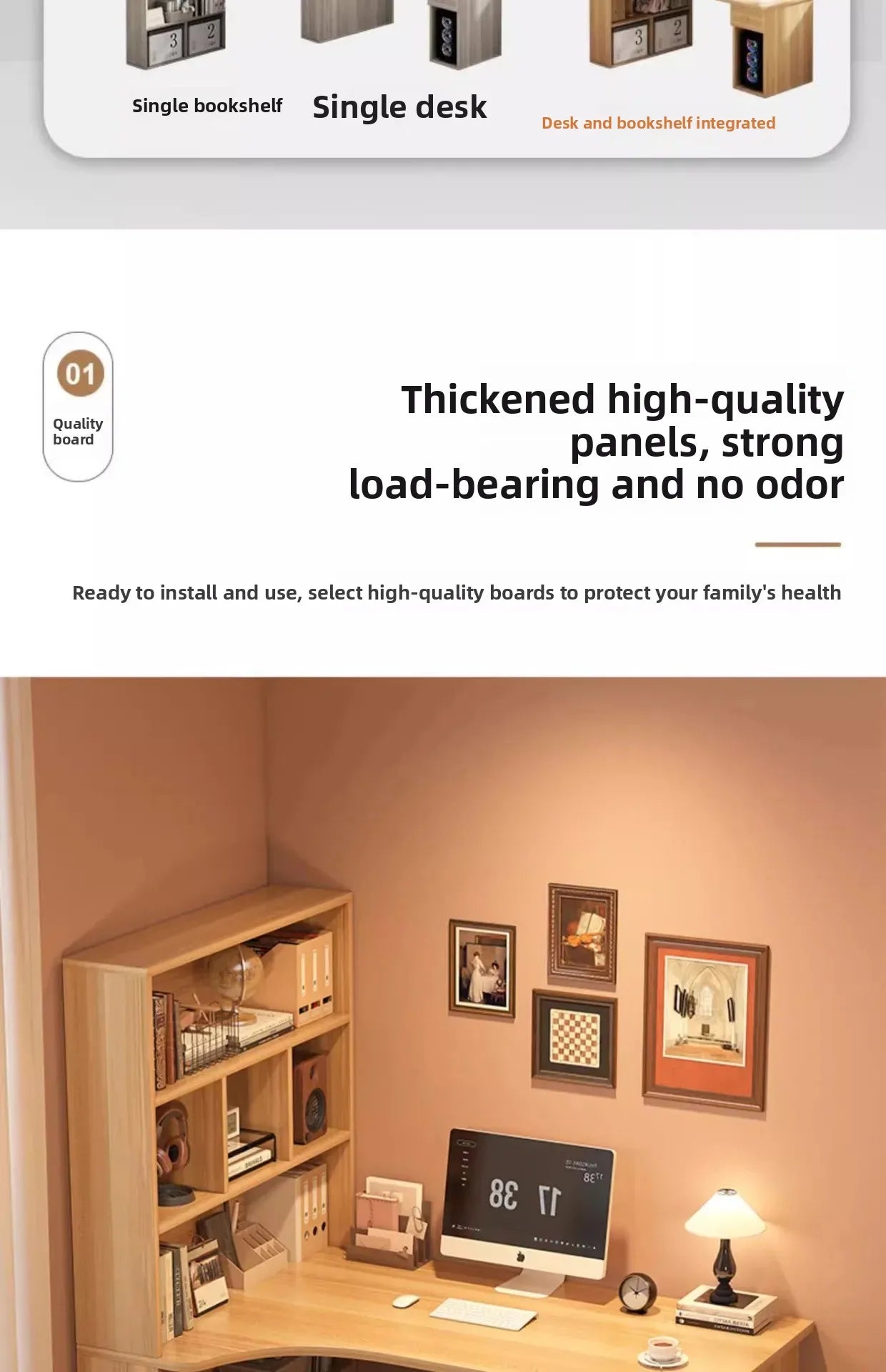 L-Shaped Corner Desk with Bookshelf — Dual Monitor & Home Office