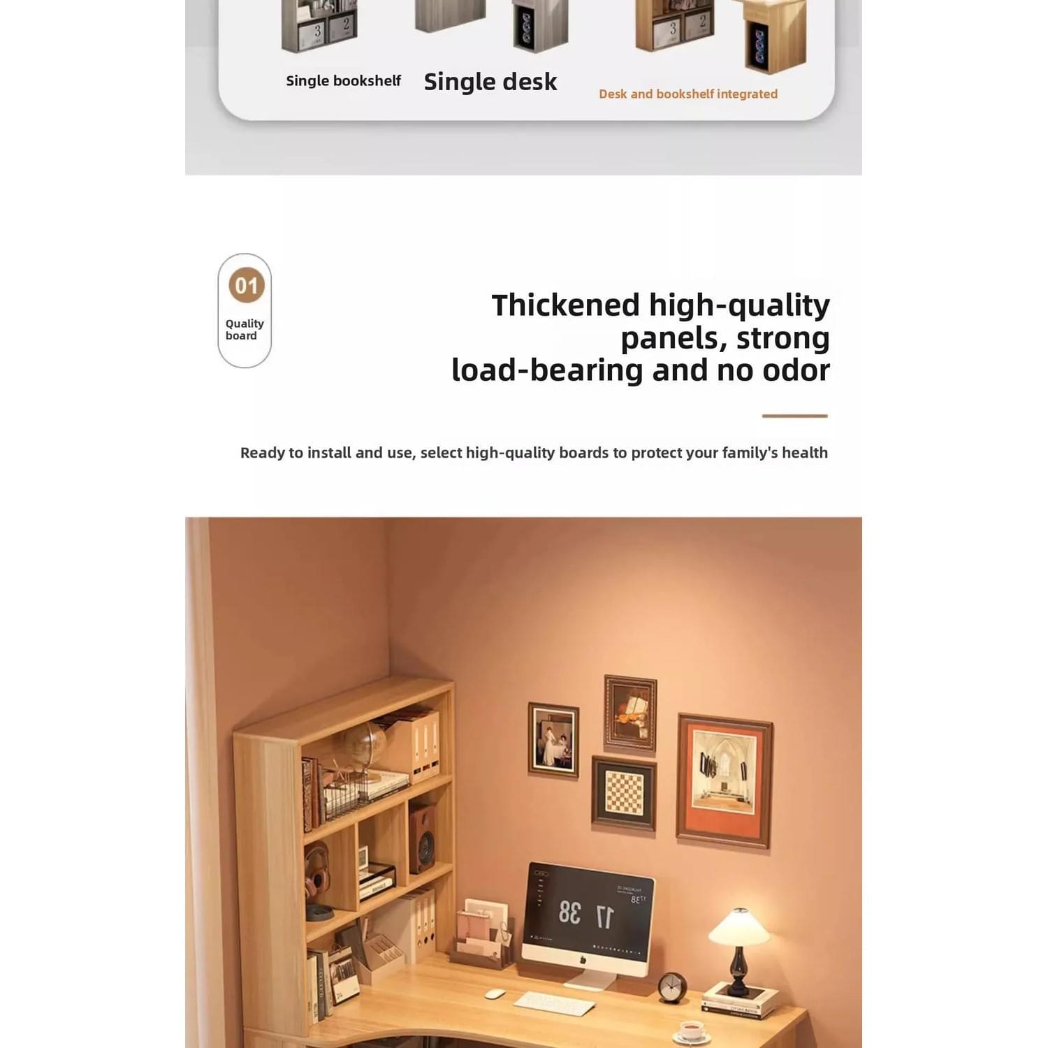L-Shaped Corner Desk with Bookshelf — Dual Monitor &amp; Home Office