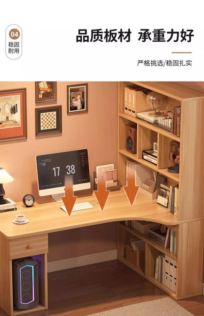 L-Shaped Corner Desk with Bookshelf — Dual Monitor & Home Office