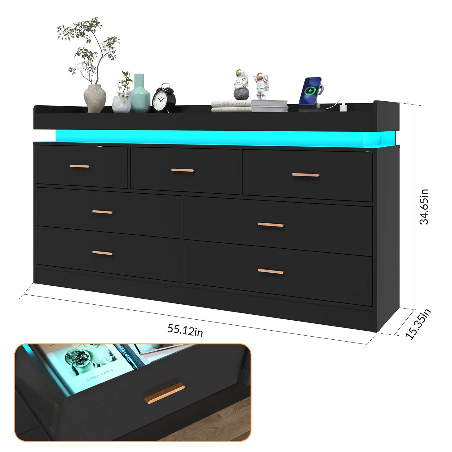 7 Drawer Dresser with LED Light and Charging Station, Modern Chest of Drawers for Closet, Wide Drawer Organizer Cabinet for Bedr