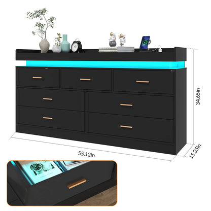 7 Drawer Dresser with LED Light and Charging Station, Modern Chest of Drawers for Closet, Wide Drawer Organizer Cabinet for Bedr
