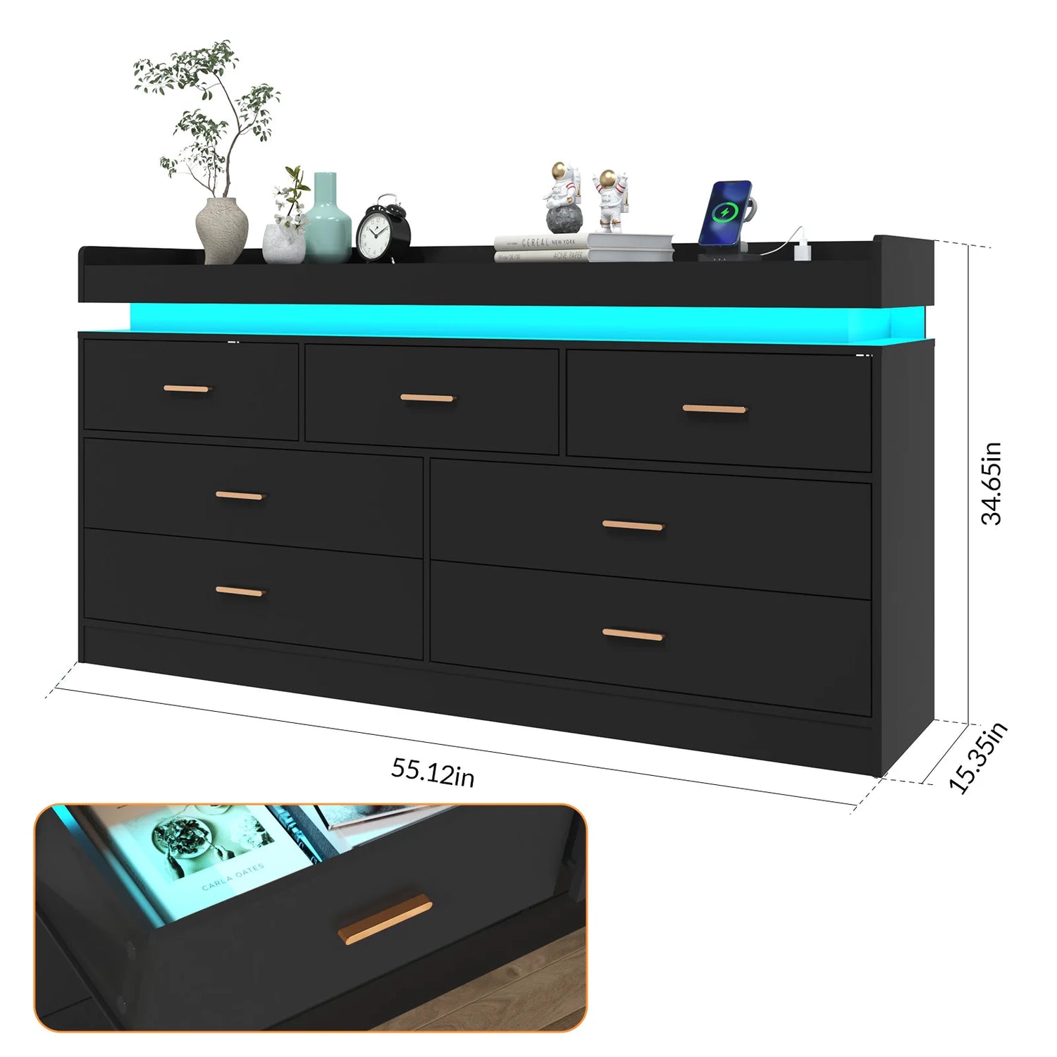 7 Drawer Dresser with LED Light and Charging Station, Modern Chest of Drawers for Closet, Wide Drawer Organizer Cabinet for Bedr