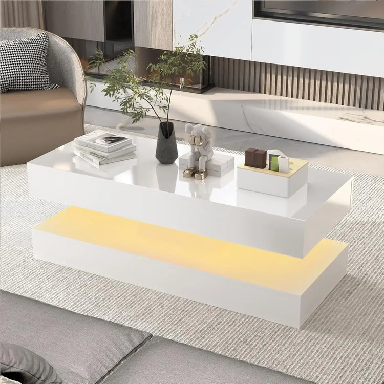 Modern Stylish Coffee Table with LED lights, Double-Layer Design for Living Room Coffee Table with 2 Storage Drawers Jonine&