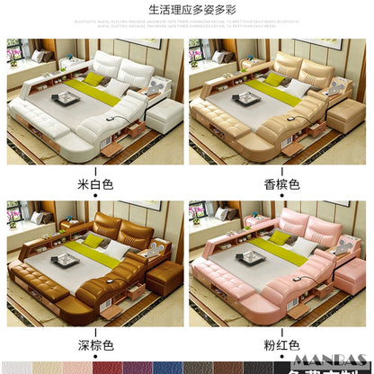 Modern All in One Smart Bed Frame, Multi-Functional Upholstered Platform Bed with Drawers, LED Lighting, Bluetooth Speaker & USB