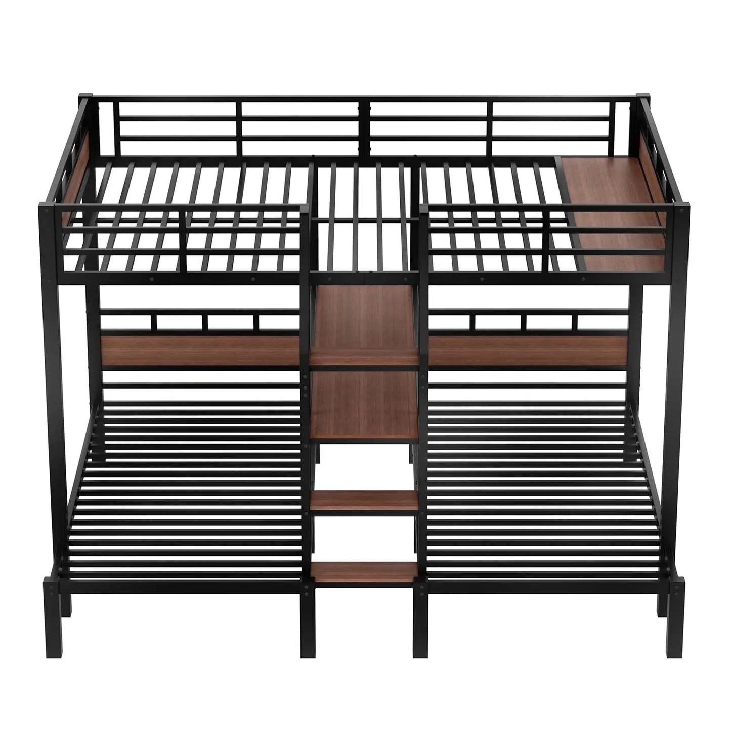 Queen Over Twin Over Twin Metal BunkBed with Storage Stairs and Shelves, 3-in-1 Triple Bunk Bed with Headboard, Space Saving, fo