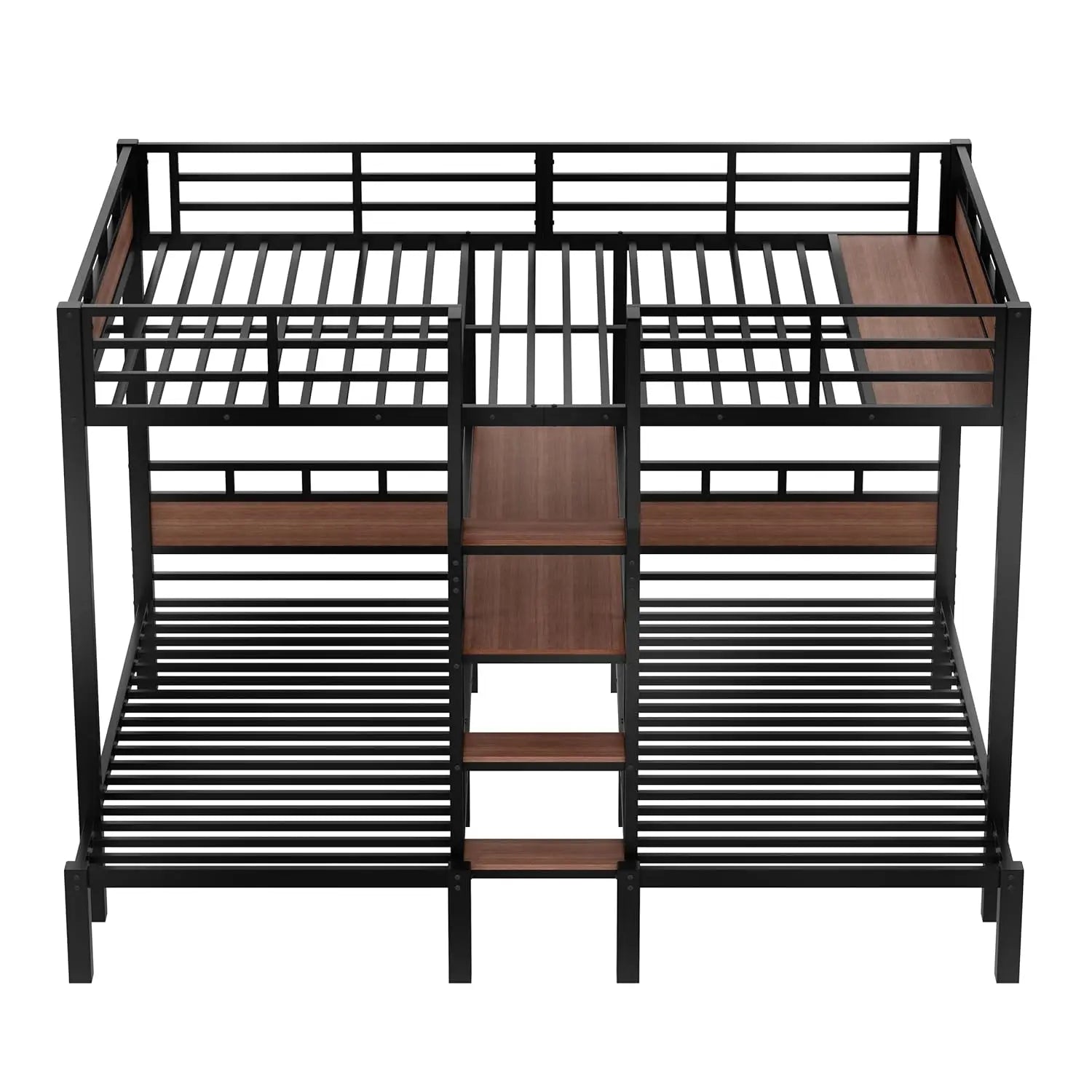 Queen Over Twin Over Twin Metal BunkBed with Storage Stairs and Shelves, 3-in-1 Triple Bunk Bed with Headboard, Space Saving, fo