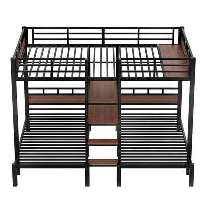 Queen Over Twin Over Twin Metal BunkBed with Storage Stairs and Shelves, 3-in-1 Triple Bunk Bed with Headboard, Space Saving, fo