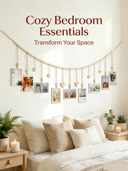 Boho Hanging Photo Display with Wooden Bead Garland — Wall Collage for Bedroom & Office