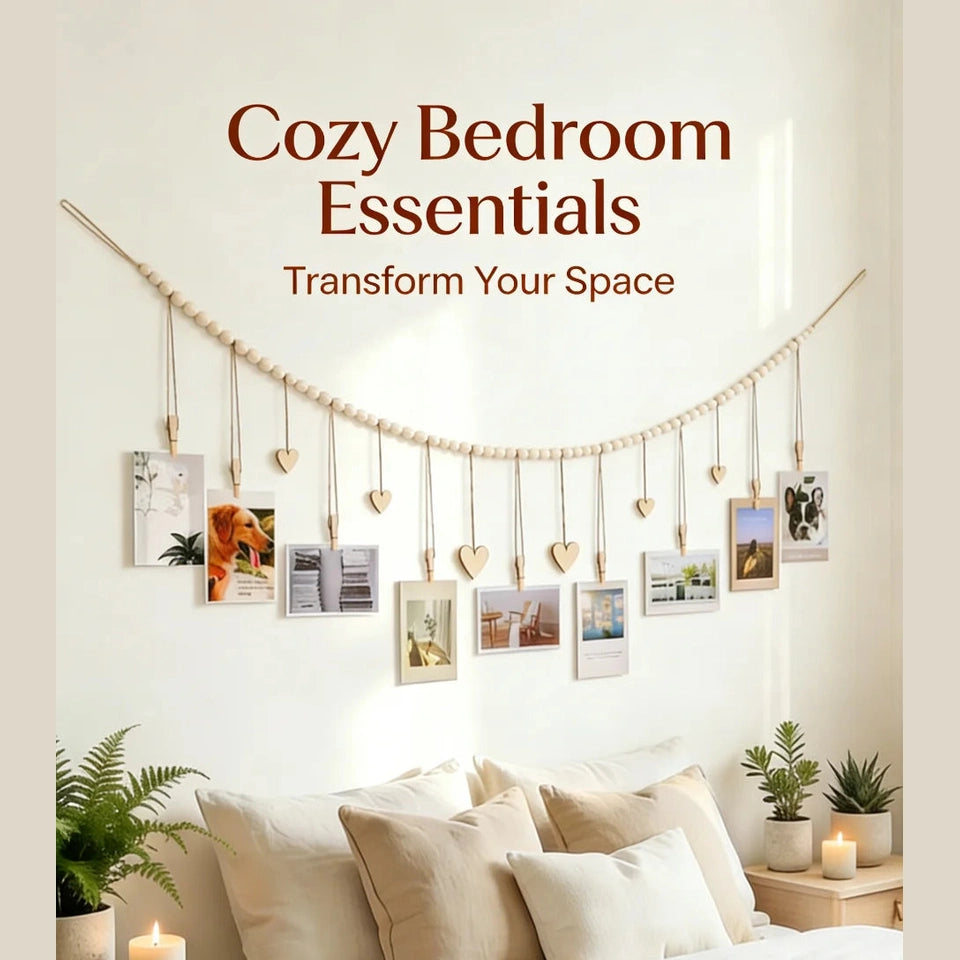 Hanging Photo Display Room Wall Decor, Boho Collage Picture Frame Christmas Cards Holder Wooden Hearts for Home Bedroom Office