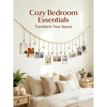 Boho Hanging Photo Display with Wooden Bead Garland — Wall Collage for Bedroom &amp; Office