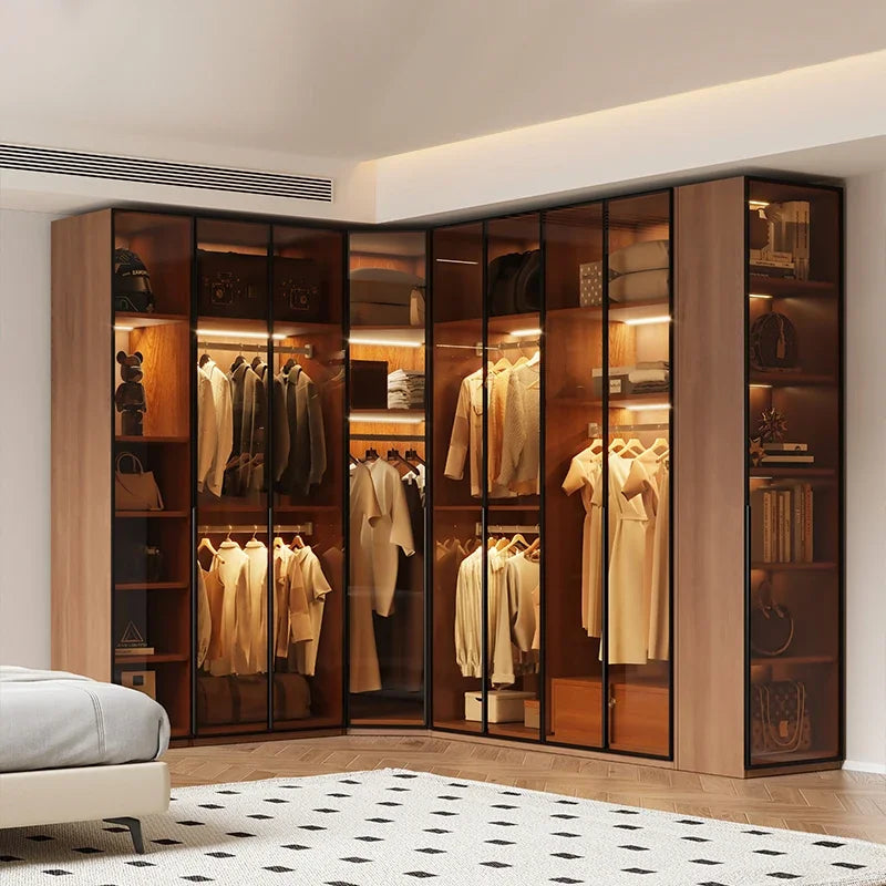 Modern Glass Wardrobe — L-Shaped Corner Closet with Luxury Storage