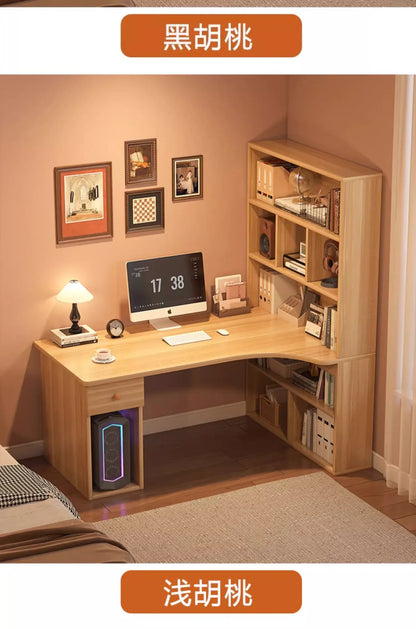 L-Shaped Corner Desk with Bookshelf — Dual Monitor & Home Office