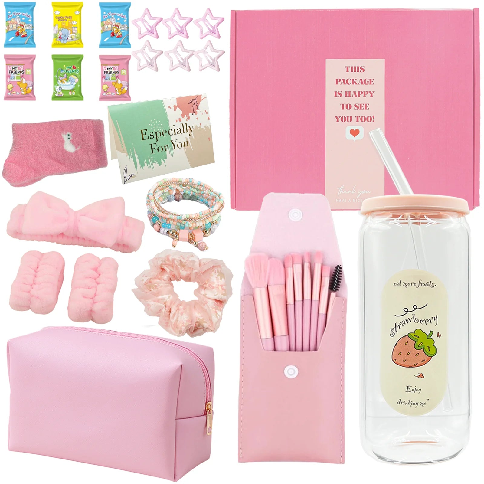 Teen girl gift set with glass cup lid straw makeup brushes and gift box items