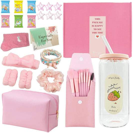 Teen Girl Gift Set — Glass Cup, Lid & Straw with Makeup Brushes
