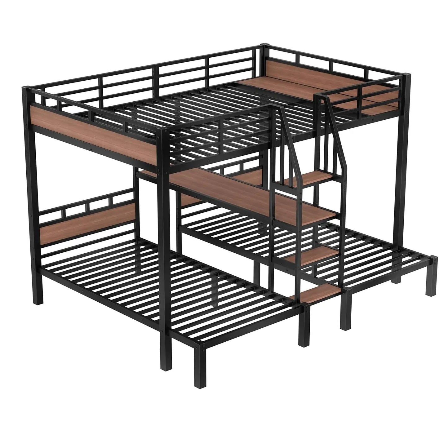 3-in-1 Queen Over Twin Metal Bunk Bed with Storage Stairs