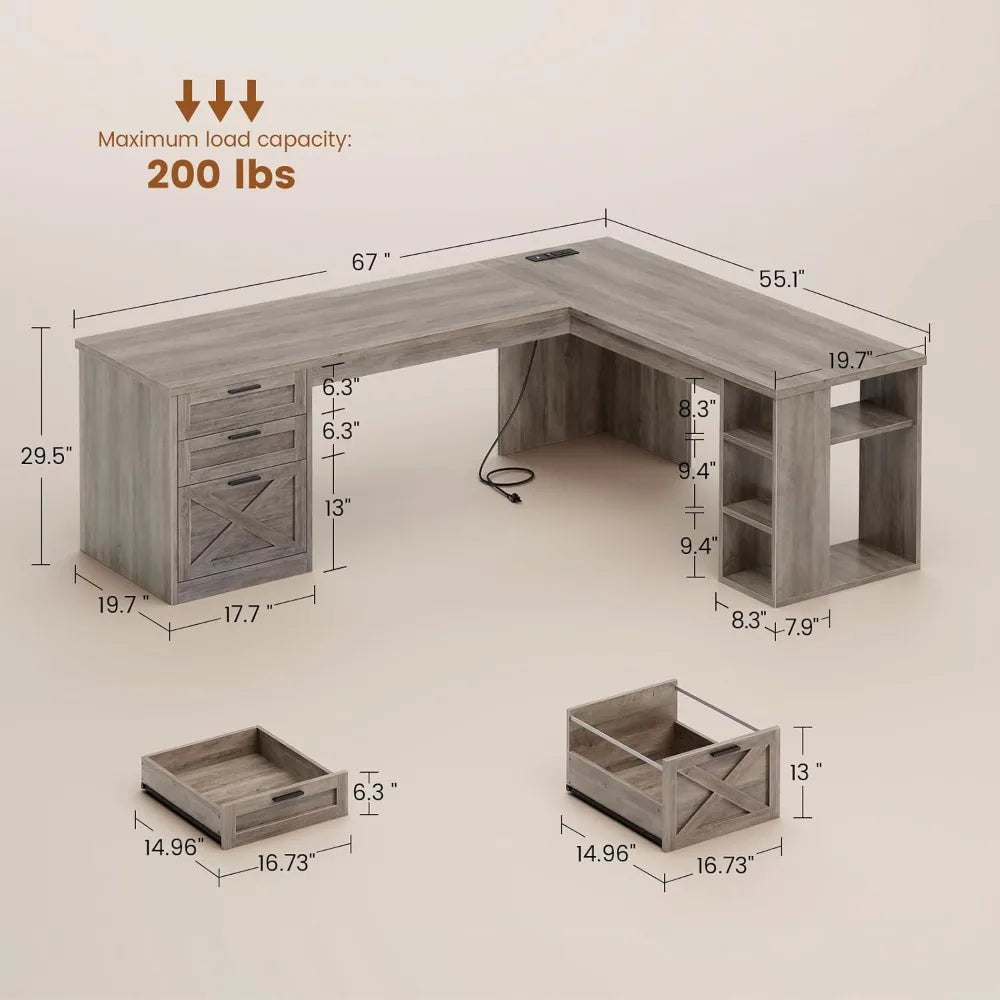 Farmhouse 67" L-Shaped Desk with 3 Drawers & Storage Shelves