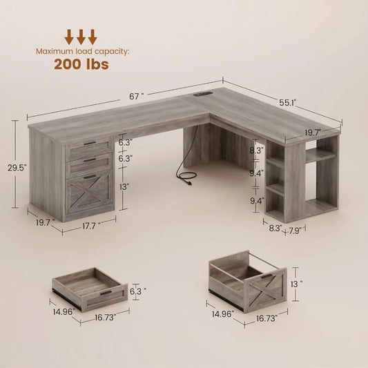 Farmhouse 67" L-Shaped Desk with 3 Drawers & Storage Shelves