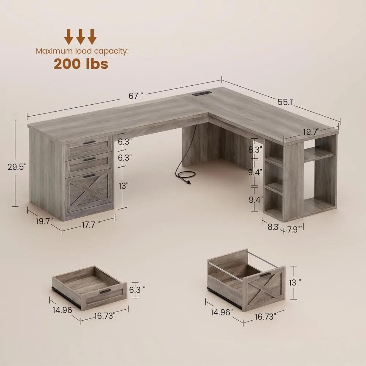 Farmhouse 67" L-Shaped Desk with 3 Drawers &amp; Storage Shelves