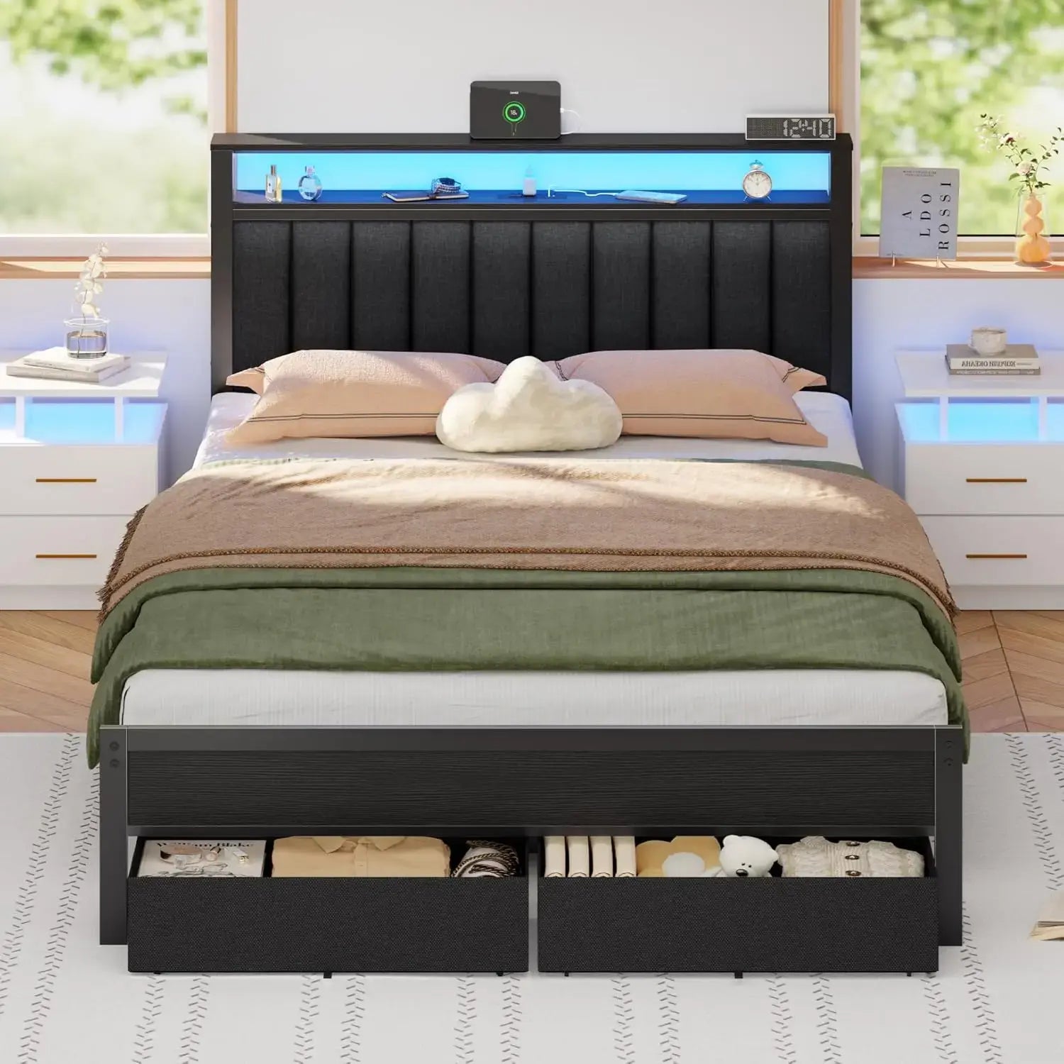 Queen Bed Frame with Charging Station and LED Lights, Grey Upholstered Headboard with Shelves, Metal Platform Bed, Customized Jonine&
