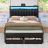 Queen Bed Frame with Charging Station and LED Lights, Grey Upholstered Headboard with Shelves, Metal Platform Bed, Customized Jonine&