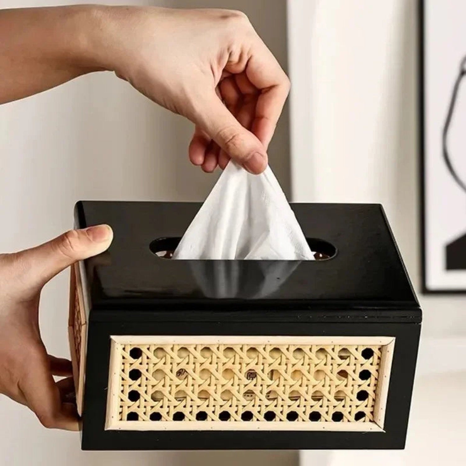 Rattan &amp; Wood Tissue Box