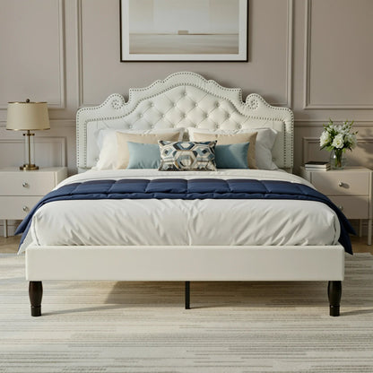 Velvet Platform Bed Frame with Adjustable Tiara Headboard — Diamond Tufted, Full/Queen/King Jonine&