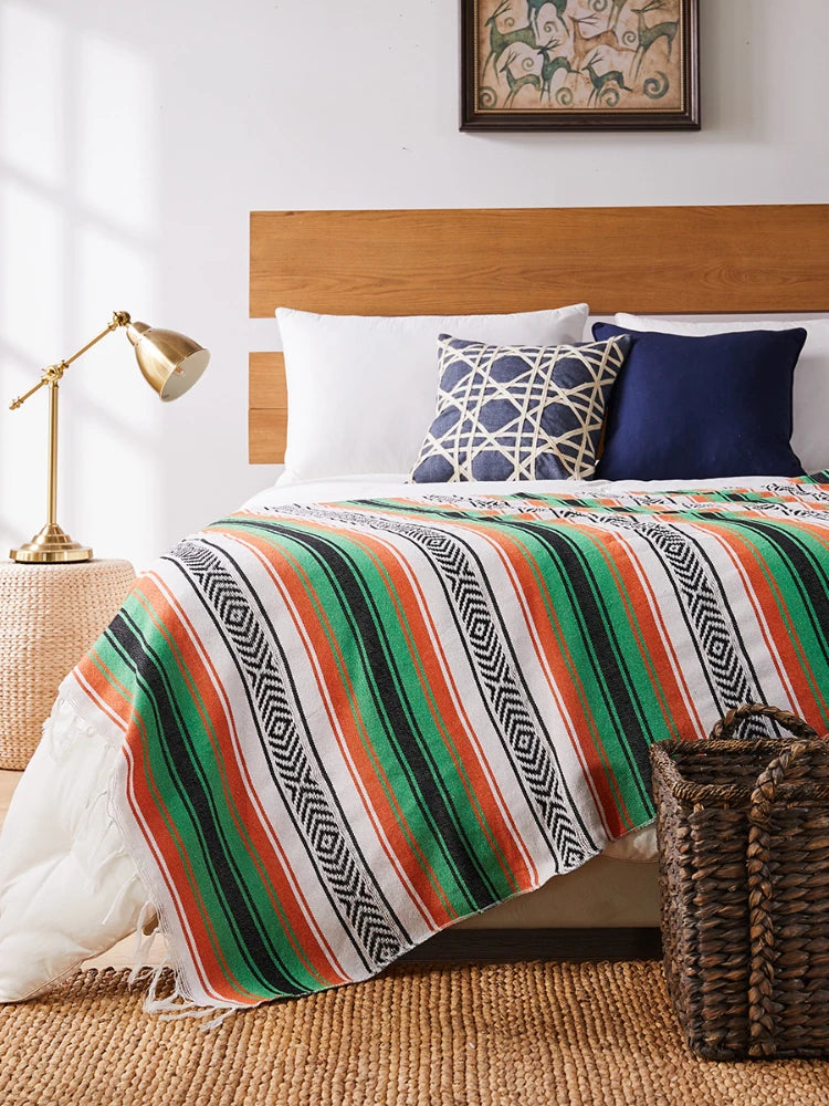Mexican Handwoven Throw Blanket — Striped Tassel, 130×170cm