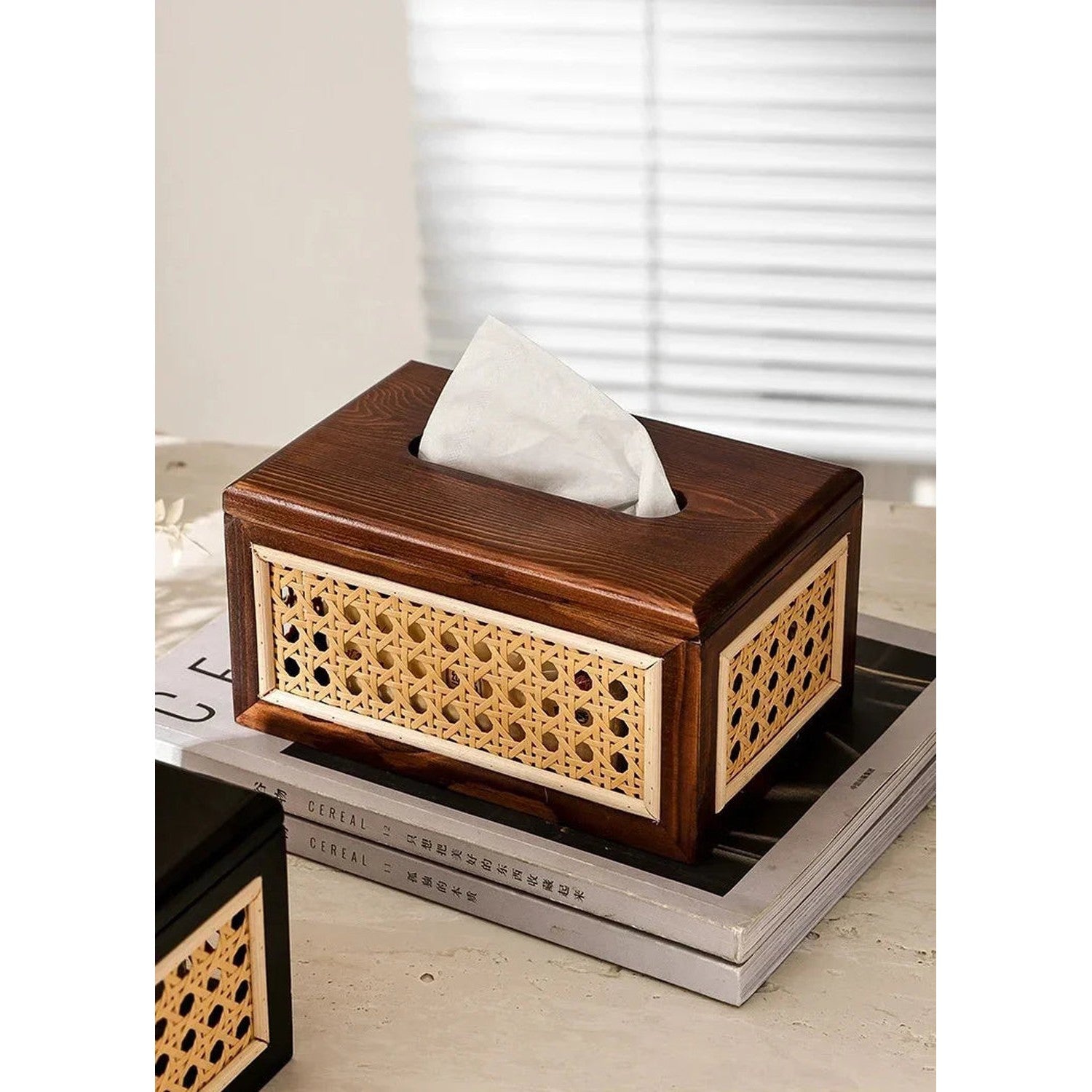 Rattan &amp; Wood Tissue Box