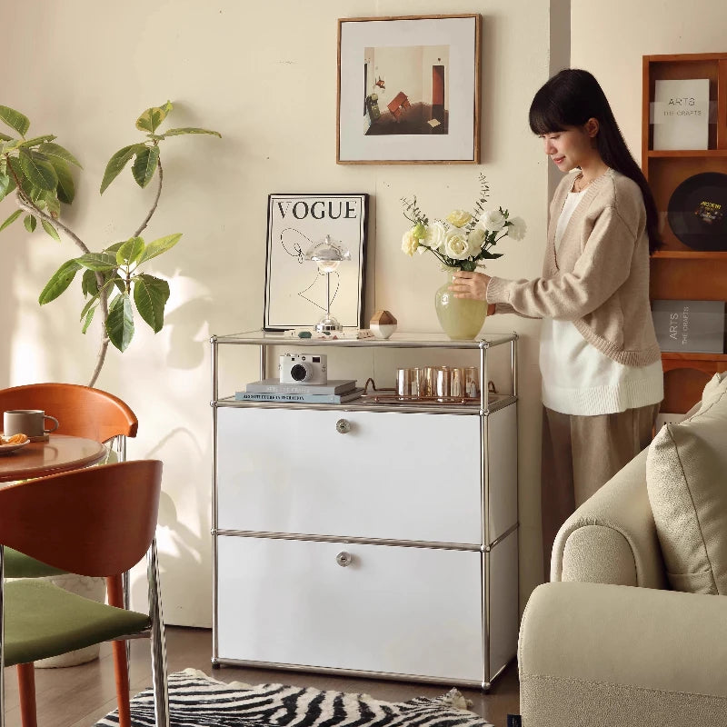 Modern dual cabinet storage organizer with white doors drawers and wood accents