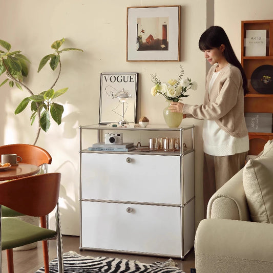 Modern dual cabinet storage organizer with white doors drawers and wood accents