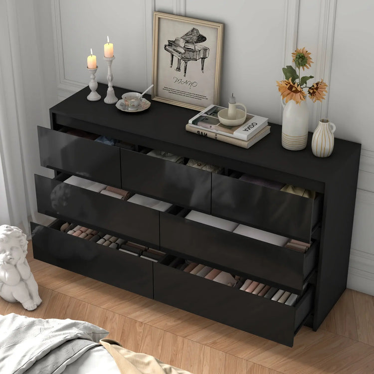 7 Drawer Dresser for Bedroom, 55 Inch Modern Dresser with High Gloss Drawers, Large Wood Chest of Drawer, White/Black Jonine&